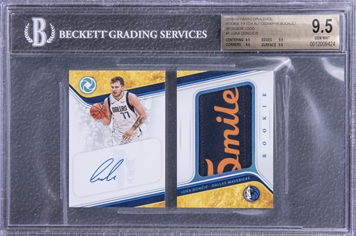 2018-19 Panini Opulence Rookie Patch Autographs Booklet Sponsor Logo #RPA-LD Luka Doncic Signed Patch Rookie Card (#2/5) - BGS GEM MINT 9.5/BGS 10 - A "True Gem" Example!